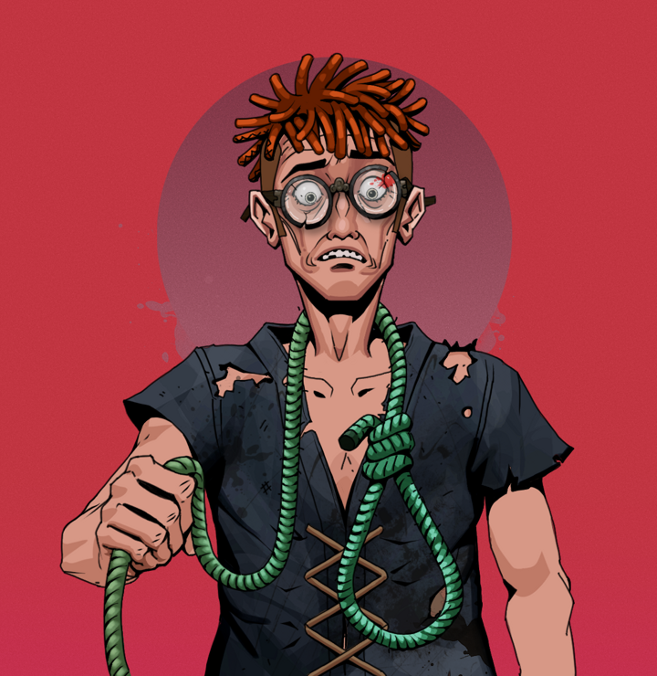Shitless Botan — Degen Dojo NFT art (Shirtless Runt, Red High Moon, Degens, Black Peasant Sack, Shitless Botan, Bloodied Glasses, Orange Bantu Knots, Noose, Mint)
