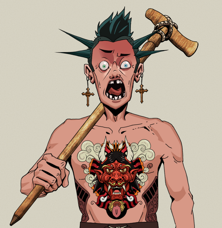 Tokuda — Degen Dojo NFT art (Jesuit Crosses, Warm Grey, Degens, Red Oni Tattoo, Tokuda, Shirtless Runt, Yakuza Ruffian, Wooden Walking Cane, Mint)