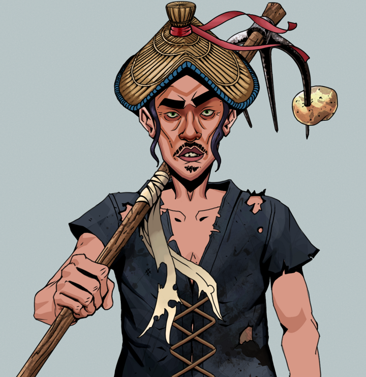 Gloomy Masumi — Degen Dojo NFT art (Shirtless Runt, Light Grey, Degens, Black Peasant Sack, Gloomy Masumi, High Straw Rice Hat, Farmers Hoe, Mint)
