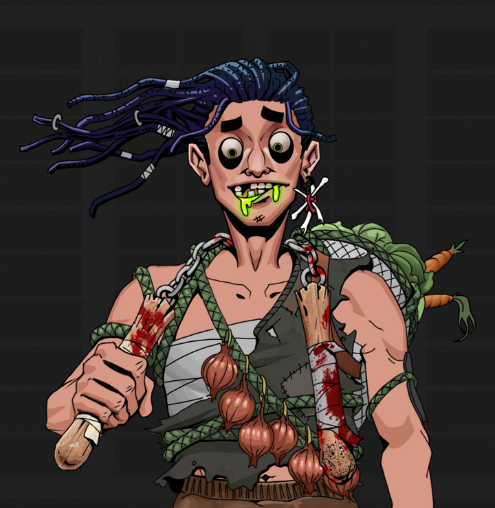 Toxic Azuma — Degen Dojo NFT art (Finger Bones, Shoji Night, Degens, Farmer, Toxic Azuma, Shirtless Runt, Flowing Dreads, Bloody Nunchucks, Mint)