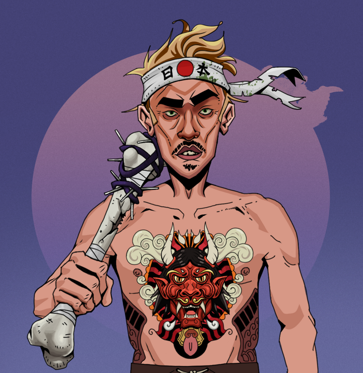 Gloomy Masumi — Degen Dojo NFT art (Shirtless Runt, Purple Night, Degens, Red Oni Tattoo, Gloomy Masumi, Karate Headband, Spiky Femur, Mint)