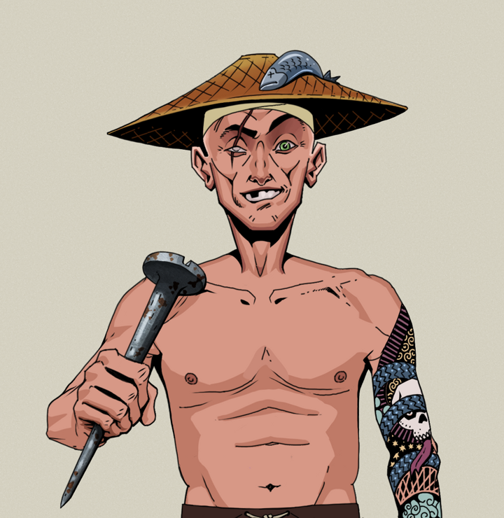 One-Eyed Itsuki — Degen Dojo NFT art (Shirtless Runt, Warm Grey, Degens, Skull Sleeve, One-Eyed Itsuki, Wide Kasa Fisherman, Rusty Nail, Mint)