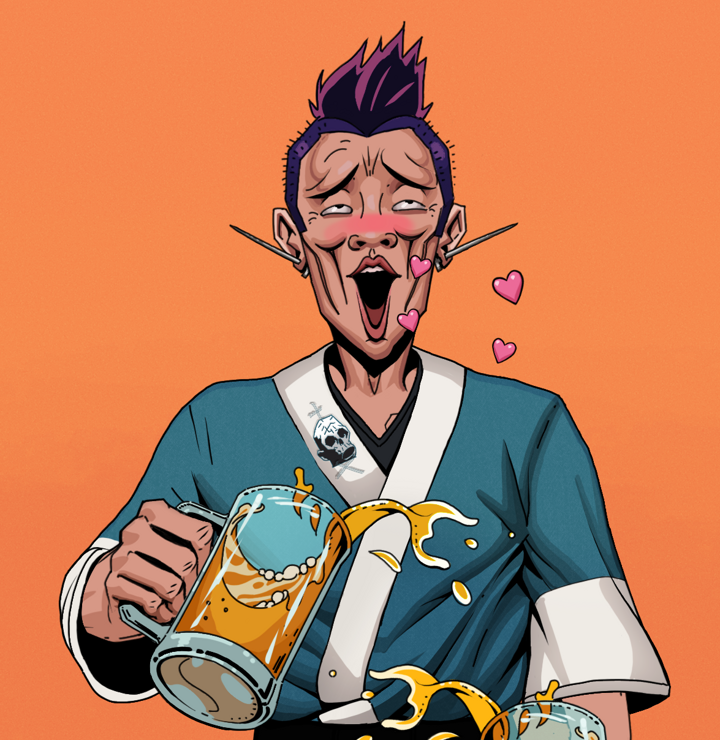 Lovey Haruto — Degen Dojo NFT art (Nails, Orange Afternoon, Degens, Skull Kimono, Lovey Haruto, Shirtless Runt, Yakuza Hooligan, Beer Splash, Mint)