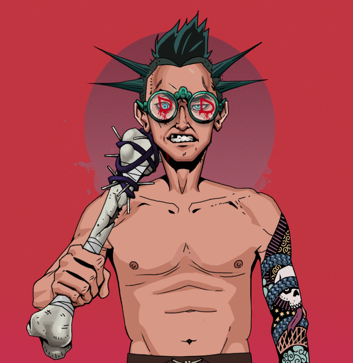 Akuma — Degen Dojo NFT art (Shirtless Runt, Red High Moon, Degens, Skull Sleeve, Akuma, Dojo Graffiti, Yakuza Ruffian, Spiky Femur, Mint)