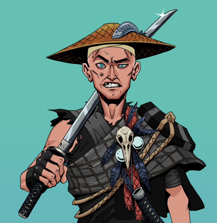 Akuma — Degen Dojo NFT art (Shirtless Runt, Teal Daytime, Degens, Bird Shaman, Akuma, Wide Kasa Fisherman, Katana, Mint)
