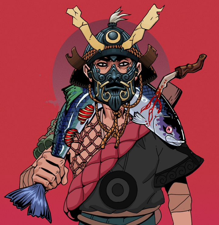 Junichiro Reborn — Degen Dojo NFT art (Shirtless Runt, Red High Moon, Degens, Village Leader, Junichiro Reborn, Tatami Kabuto, Dead Fish, Mint)