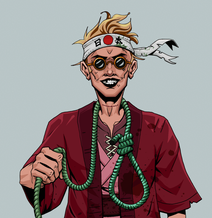 Junichiro Reborn — Degen Dojo NFT art (Shirtless Runt, Light Grey, Degens, Red Warrior Kimono, Junichiro Reborn, Dark Spectacles, Karate Headband, Noose, Mint)