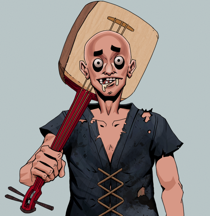 Drooling Azuma — Degen Dojo NFT art (Shirtless Runt, Light Grey, Degens, Black Peasant Sack, Drooling Azuma, Bald, Shamisen, Mint)