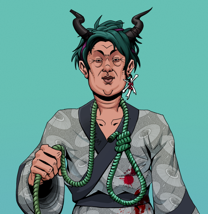 Fat Bob — Degen Dojo NFT art (Finger Bones, Teal Daytime, Degens, Loose Parasol Kimono, Fat Bob, Shirtless Runt, Black Oni Horns, Noose, Mint)