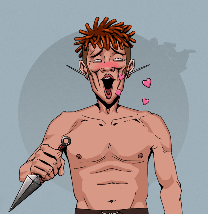 Lovey Haruto — Degen Dojo NFT art (Nails, Grey Mist, Degens, Shirtless Runt, Lovey Haruto, Orange Bantu Knots, Kunai, Mint)