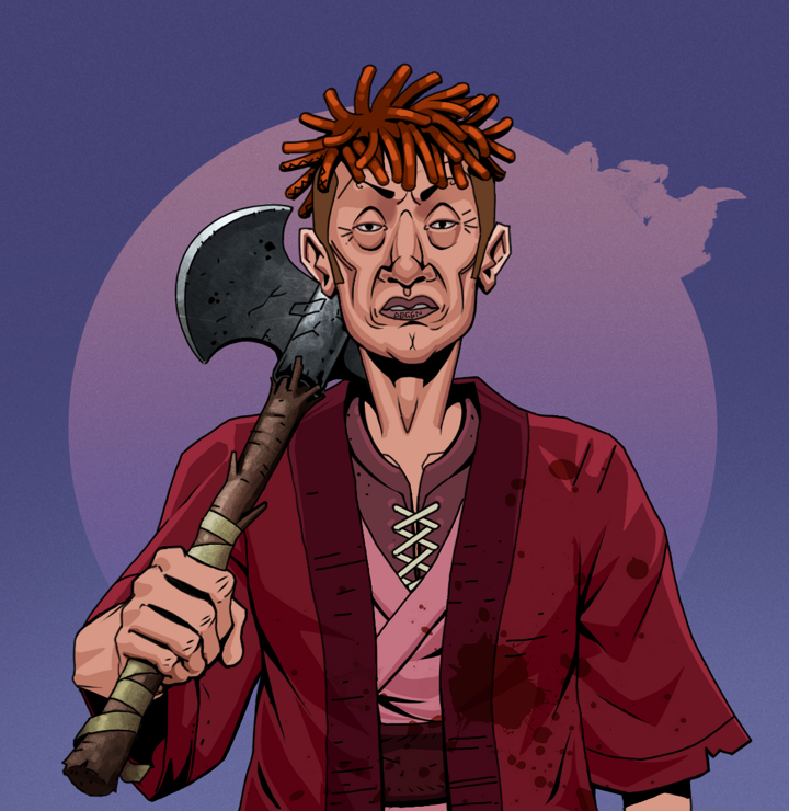 Goro — Degen Dojo NFT art (Shirtless Runt, Purple Night, Degens, Red Warrior Kimono, Goro, Orange Bantu Knots, Axe, Mint)