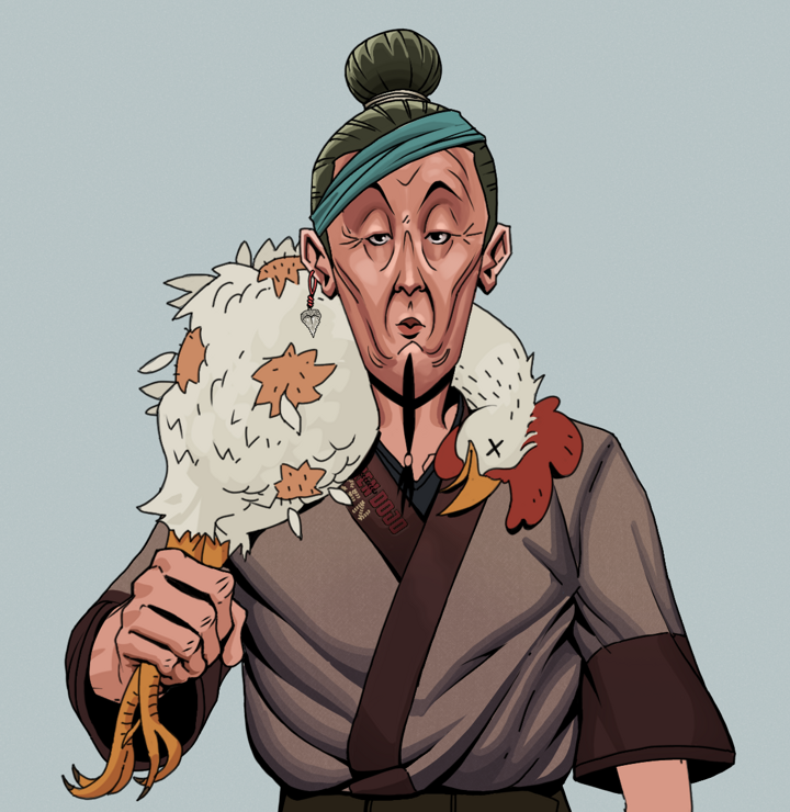 Edmundo — Degen Dojo NFT art (Shark Tooth, Light Grey, Degens, Degen Dojo Kimono, Edmundo, Shirtless Runt, Hair Bun, Chicken, Mint)