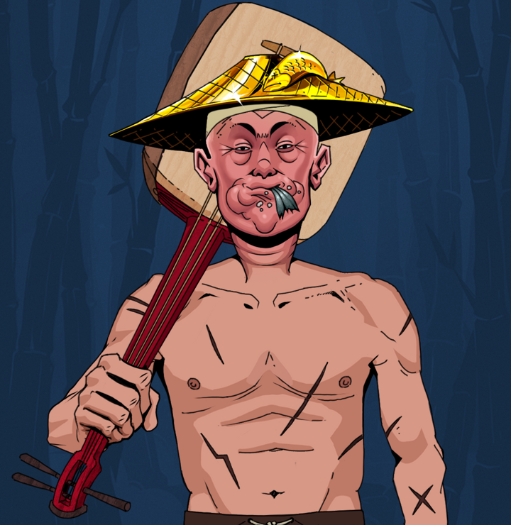 Fatty Bobsticks — Degen Dojo NFT art (Shirtless Runt, Night Forest, Degens, Battle Scars, Fatty Bobsticks, Golden Kasa Fisherman, Shamisen, Mint)