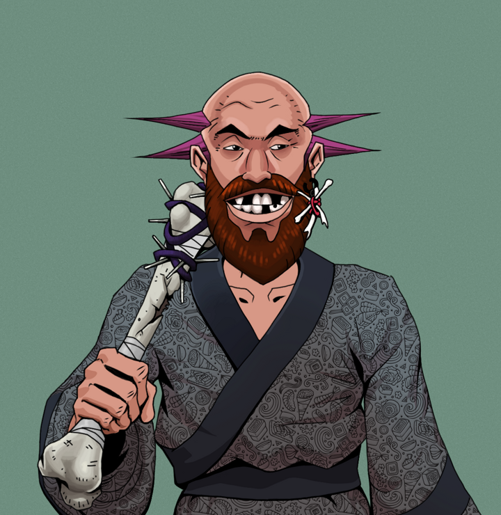 Igor The Bear — Degen Dojo NFT art (Finger Bones, Olive Green, Degens, Sushi Love Loose Kimono, Igor The Bear, Shirtless Runt, Dejen Mohawk, Spiky Femur, Mint)
