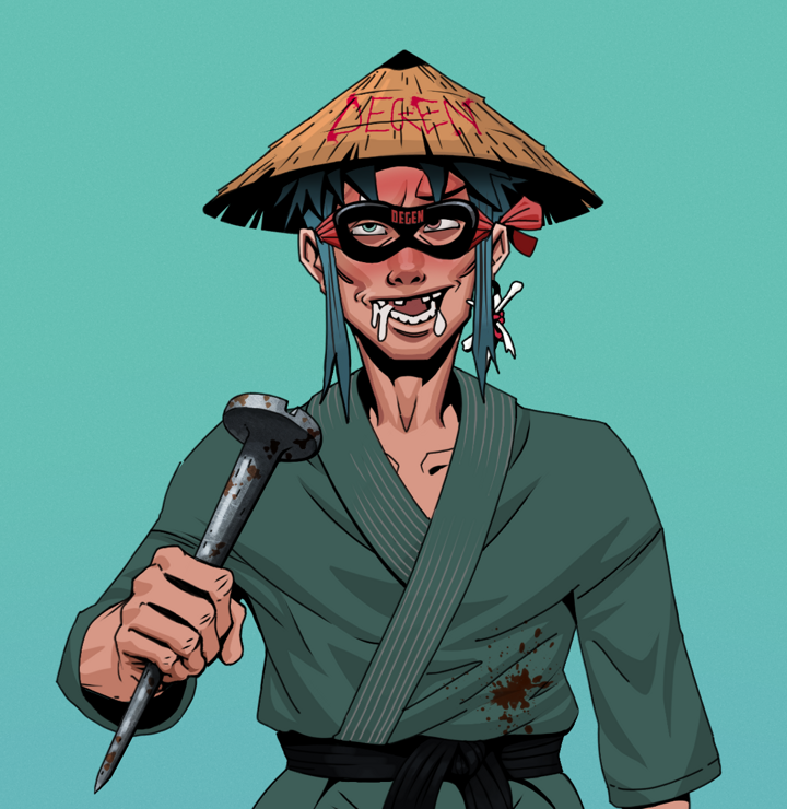 Yuuki — Degen Dojo NFT art (Finger Bones, Teal Daytime, Degens, Fight Gi, Yuuki, Degen Superhero, Degen Graffiti Rice Hat, Rusty Nail, Mint)