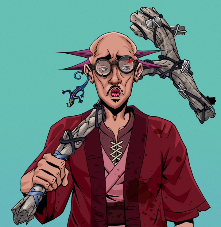 Masumi Steel — Degen Dojo NFT art (Lizard, Teal Daytime, Degens, Red Warrior Kimono, Masumi Steel, Bloodied Glasses, Dejen Mohawk, Large Branch, Mint)
