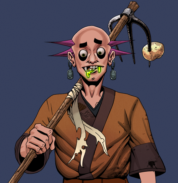 Toxic Azuma — Degen Dojo NFT art (Iron Earrings, Blue Evening, Degens, Poop Pride Kimono, Toxic Azuma, Shirtless Runt, Dejen Mohawk, Farmers Hoe, Mint)