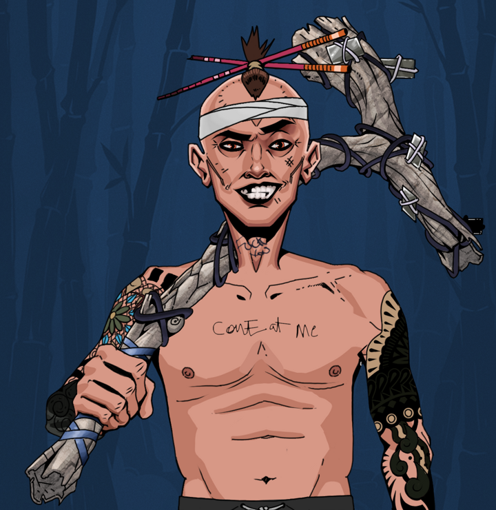 Junichiro — Degen Dojo NFT art (Shirtless Runt, Night Forest, Degens, Black Yakuza Sleeves, Junichiro, Hair Bun With Chopsticks, Large Branch, Mint)