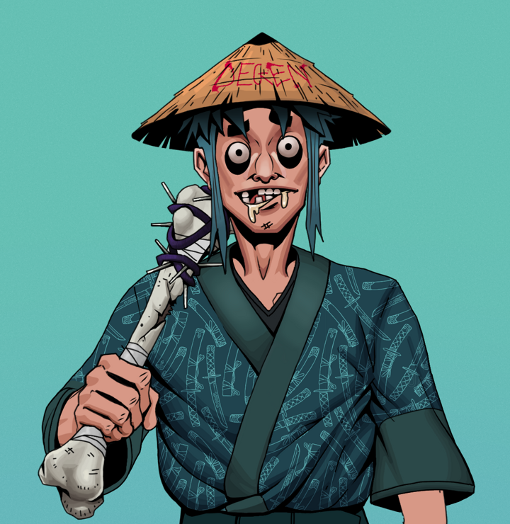 Drooling Azuma — Degen Dojo NFT art (Shirtless Runt, Teal Daytime, Degens, Katanajamas Kimono, Drooling Azuma, Degen Graffiti Rice Hat, Spiky Femur, Mint)