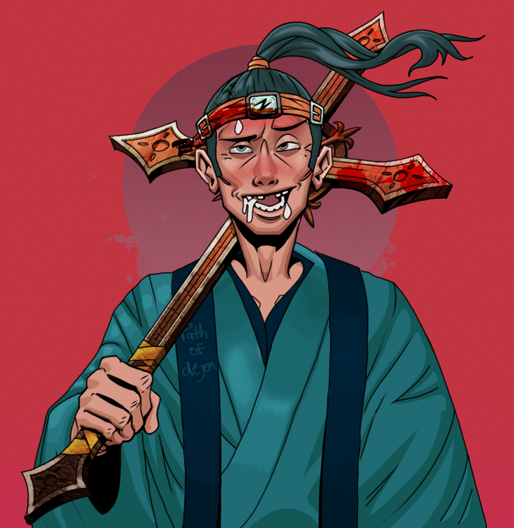 Yuuki — Degen Dojo NFT art (Shirtless Runt, Red High Moon, Degens, Dejen Apostate, Yuuki, Green Bandana, Jesuit Bloody Cross, Mint)