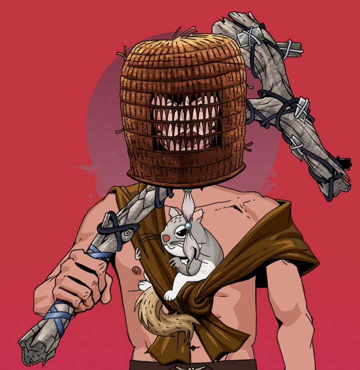 Yuji The Wise — Degen Dojo NFT art (Shirtless Runt, Red High Moon, Degens, Little Momonga Friend, Yuji The Wise, Tengai Basket, Large Branch, Mint)
