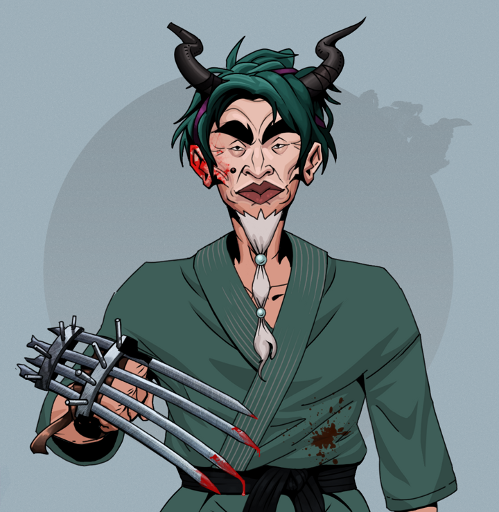 Yuji The Wise — Degen Dojo NFT art (Shirtless Runt, Grey Mist, Degens, Fight Gi, Yuji The Wise, Black Oni Horns, Tekko-Kagi Claws, Mint)