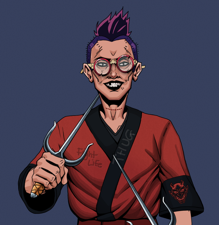 Junichiro Reborn — Degen Dojo NFT art (Shirtless Runt, Blue Evening, Degens, Red Oni Kimono, Junichiro Reborn, Broken Glasses, Yakuza Hooligan, Dual Sai, Mint)