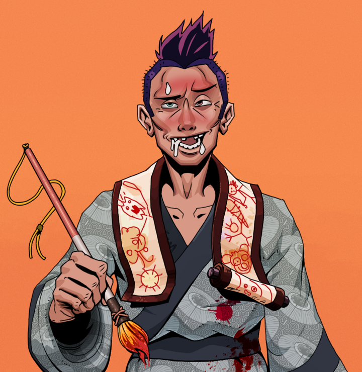 Yuuki — Degen Dojo NFT art (Shirtless Runt, Orange Afternoon, Degens, Loose Parasol Kimono, Yuuki, Yakuza Hooligan, Paintbrush, Mint)