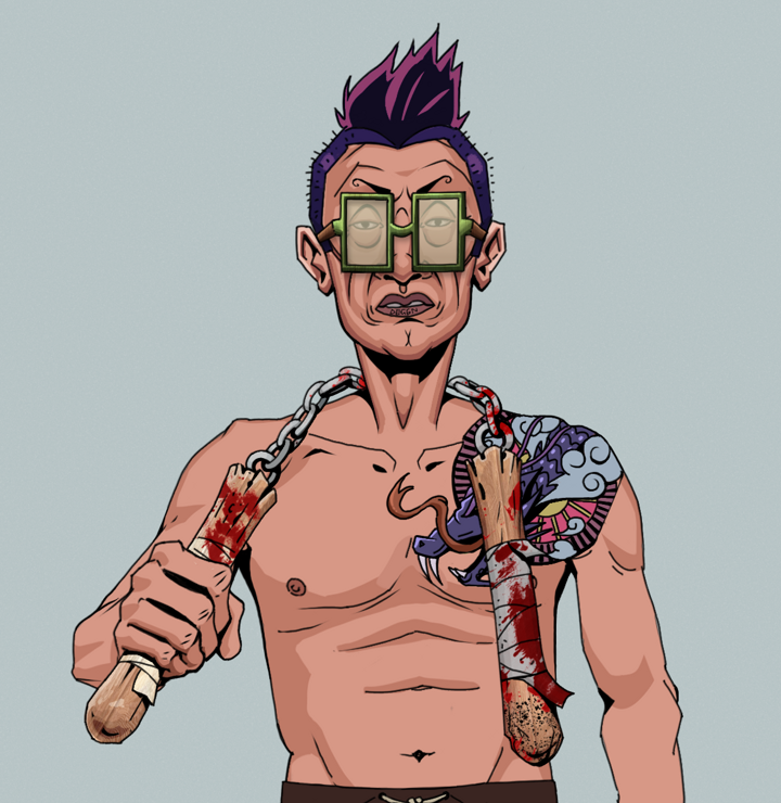 Goro — Degen Dojo NFT art (Shirtless Runt, Light Grey, Degens, Dragon Head Tattoo, Goro, Shoji Glasses, Yakuza Hooligan, Bloody Nunchucks, Mint)