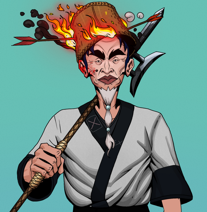 Yuji The Wise — Degen Dojo NFT art (Shirtless Runt, Teal Daytime, Degens, Katana Kimono, Yuji The Wise, Burning Basket, Bishamon Yari, Mint)