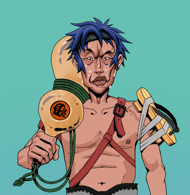 Stresshead Rin — Degen Dojo NFT art (Shirtless Runt, Teal Daytime, Degens, Strap On Geta, Stresshead Rin, Bum Headband Ruffian, Giant Sake Bottle, Mint)