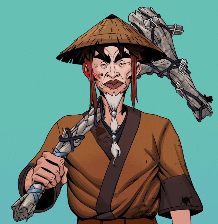 Yuji The Wise — Degen Dojo NFT art (Shirtless Runt, Teal Daytime, Degens, Poop Pride Kimono, Yuji The Wise, Rice Hat, Large Branch, Mint)