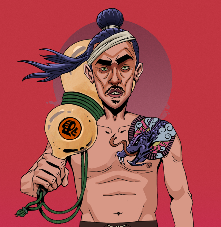 Gloomy Masumi — Degen Dojo NFT art (Shirtless Runt, Red High Moon, Degens, Dragon Head Tattoo, Gloomy Masumi, Long Flowing, Giant Sake Bottle, Mint)