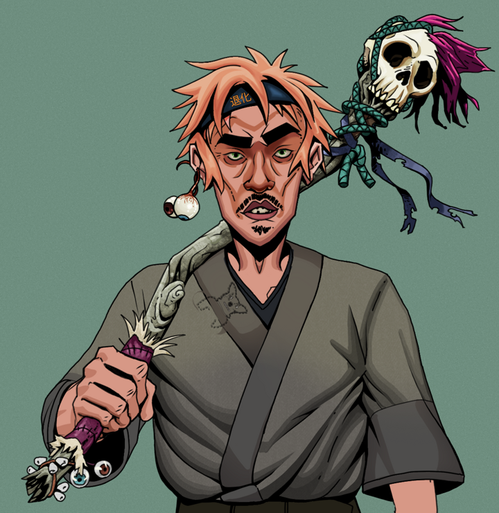 Gloomy Masumi — Degen Dojo NFT art (Shaman Eyes, Olive Green, Degens, Puppy Kimono, Gloomy Masumi, Shirtless Runt, Tiger Headband Ruffian, Shaman Skull Staff, Mint)
