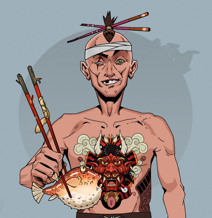 One-Eyed Itsuki — Degen Dojo NFT art (Shirtless Runt, Grey Mist, Degens, Red Oni Tattoo, One-Eyed Itsuki, Hair Bun With Chopsticks, Frightened Fugu, Mint)