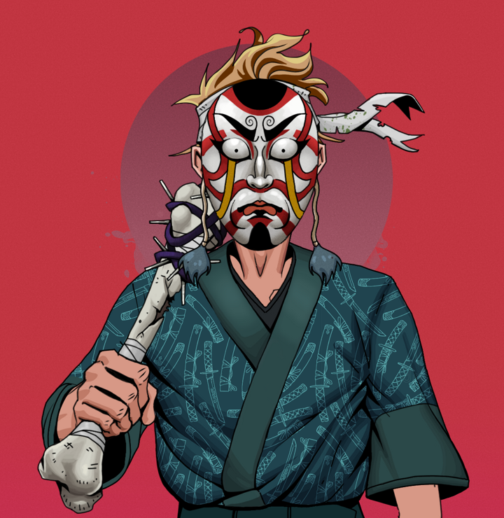 Teary Goro — Degen Dojo NFT art (Shirtless Runt, Red High Moon, Degens, Katanajamas Kimono, Teary Goro, Kitsune Mask, Karate Headband, Spiky Femur, Mint)