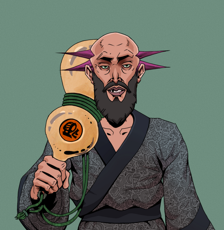 Serious Oleg — Degen Dojo NFT art (Shirtless Runt, Olive Green, Degens, Sushi Love Loose Kimono, Serious Oleg, Dejen Mohawk, Giant Sake Bottle, Mint)