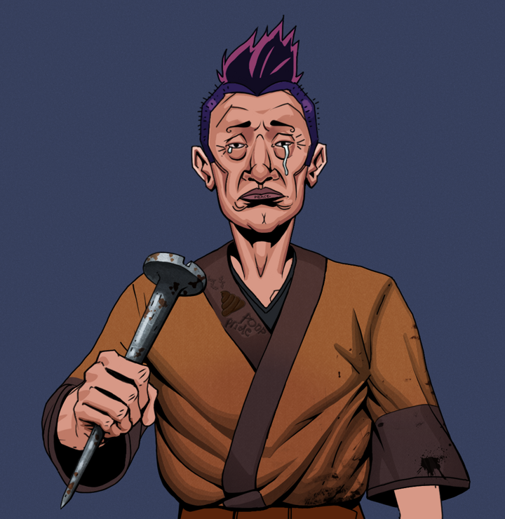Teary Goro — Degen Dojo NFT art (Shirtless Runt, Blue Evening, Degens, Poop Pride Kimono, Teary Goro, Yakuza Hooligan, Rusty Nail, Mint)