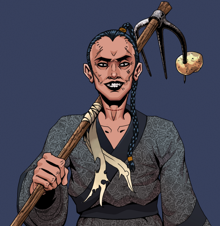 Junichiro Reborn — Degen Dojo NFT art (Shirtless Runt, Blue Evening, Degens, Sushi Love Loose Kimono, Junichiro Reborn, Braided Samurai Ponytail, Farmers Hoe, Mint)
