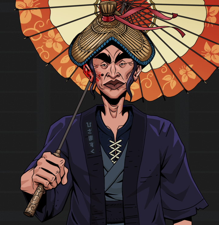 Young Yuji — Degen Dojo NFT art (Shirtless Runt, Shoji Night, Degens, Daimyo Warrior Kimono, Young Yuji, High Straw Rice Hat, Floral Parasol, Mint)