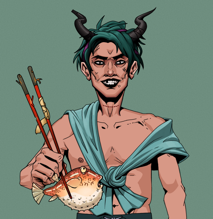 Junichiro Reborn — Degen Dojo NFT art (Shirtless Runt, Olive Green, Degens, Queeny Chic, Junichiro Reborn, Black Oni Horns, Frightened Fugu, Mint)