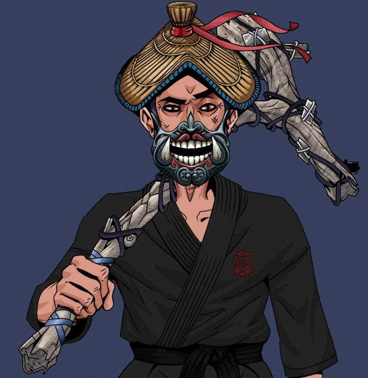Junichiro — Degen Dojo NFT art (Shirtless Runt, Blue Evening, Degens, Master Black Gi, Junichiro, Hannya Half Mask, High Straw Rice Hat, Large Branch, Mint)