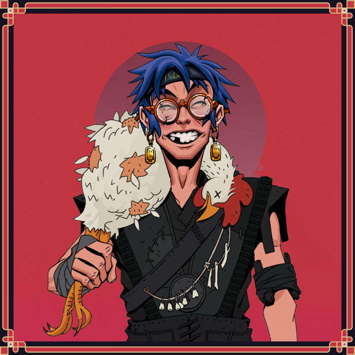 Cheery Haru — Degen Dojo NFT art (Gold Earrings, Red High Moon, Cheery Haru, Warlock Wannabe, Degen, Broken Glasses, Bum Headband Ruffian, Godlike Gut Spank, Chicken, Framed)