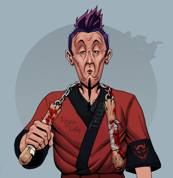 Edmundo — Degen Dojo NFT art (Shirtless Runt, Grey Mist, Degens, Red Oni Kimono, Edmundo, Yakuza Hooligan, Bloody Nunchucks, Mint)