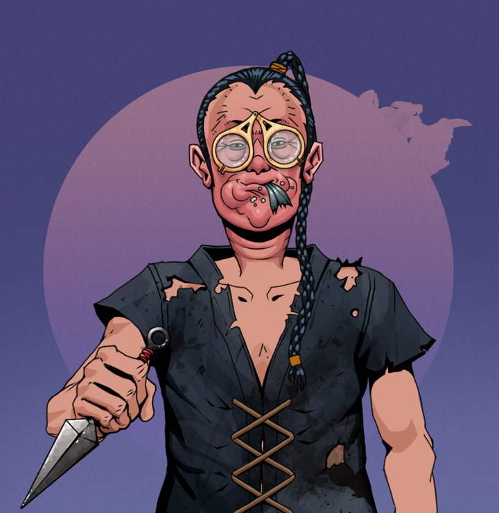 Fatty Bobsticks — Degen Dojo NFT art (Shirtless Runt, Purple Night, Degens, Black Peasant Sack, Fatty Bobsticks, Pocket Glasses, Braided Samurai Ponytail, Kunai, Mint)