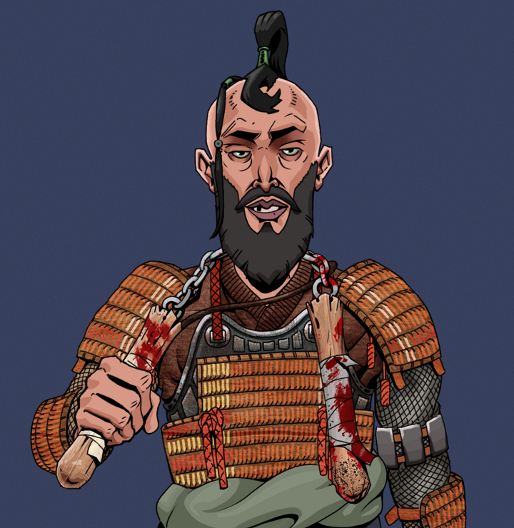 Serious Oleg — Degen Dojo NFT art (Shirtless Runt, Blue Evening, Degens, Tatami Tosei Gusoku, Serious Oleg, Dejen Samurai, Bloody Nunchucks, Mint)