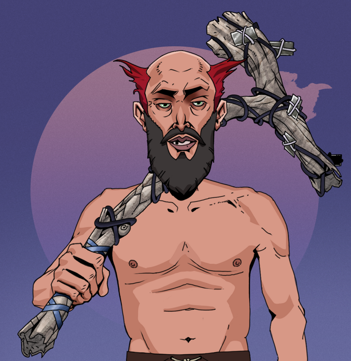 Serious Oleg — Degen Dojo NFT art (Shirtless Runt, Purple Night, Degens, Serious Oleg, Red Heihachi, Large Branch, Mint)