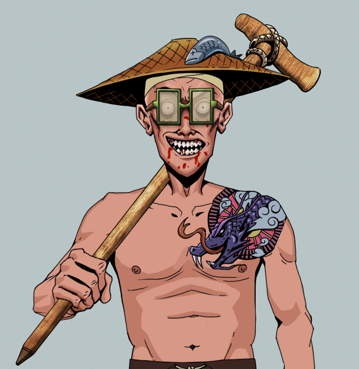 Assassin Fuzen — Degen Dojo NFT art (Shirtless Runt, Light Grey, Degens, Dragon Head Tattoo, Assassin Fuzen, Shoji Glasses, Wide Kasa Fisherman, Wooden Walking Cane, Mint)