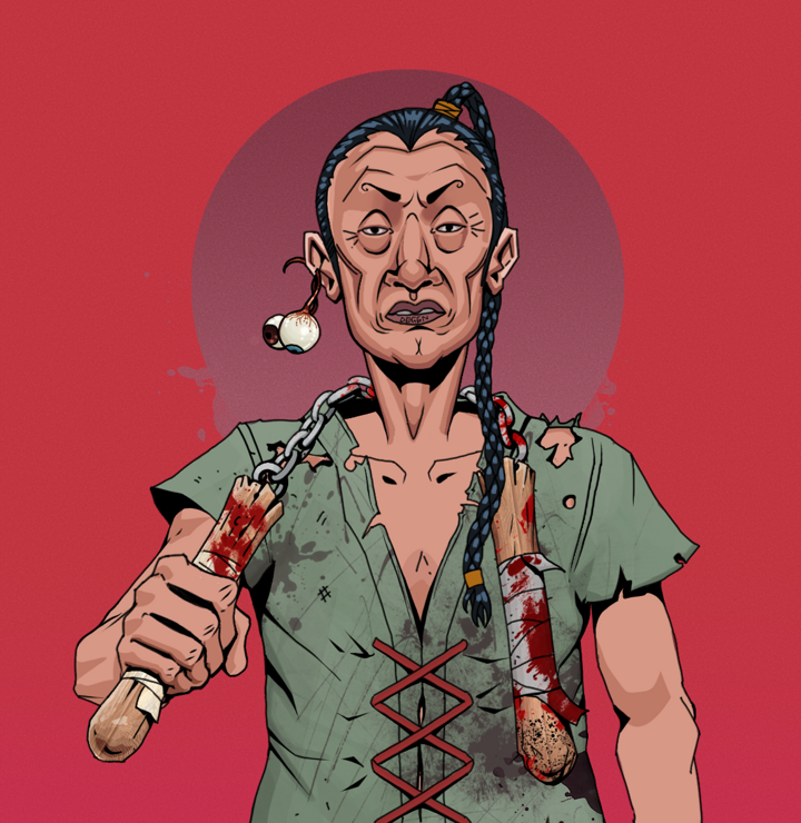 Goro — Degen Dojo NFT art (Shaman Eyes, Red High Moon, Degens, Dirty Peasant Rags, Goro, Shirtless Runt, Braided Samurai Ponytail, Bloody Nunchucks, Mint)