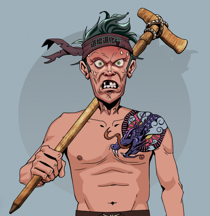 Angry Ikari — Degen Dojo NFT art (Shirtless Runt, Grey Mist, Degens, Dragon Head Tattoo, Angry Ikari, Degen Dojo Headband, Wooden Walking Cane, Mint)
